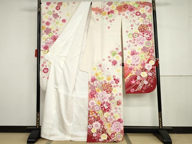 平和屋着物●豪華振袖 刺繍 花蝶文 暈し染め 金糸 金銀彩 銀通し地 正絹 逸品 AABH3626cs