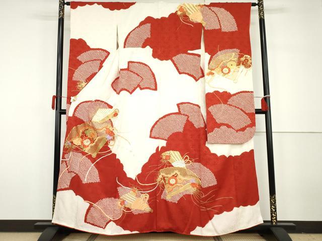 平和屋着物●創業460年・千總 振袖 駒刺繍 絞り 扇面花文 金糸 金彩 正絹 逸品 AABH3636cs