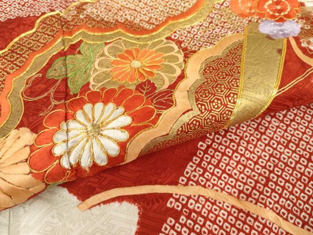 平和屋着物●創業460年・千總 振袖 駒刺繍 絞り 扇面花文 金糸 金彩 正絹 逸品 AABH3636cs
