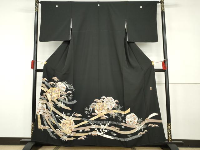 平和屋着物●豪華黒留袖 駒刺繍 松竹梅文 ねじ梅 金彩 正絹 逸品 AABH3640cs