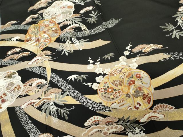 平和屋着物●豪華黒留袖 駒刺繍 松竹梅文 ねじ梅 金彩 正絹 逸品 AABH3640cs