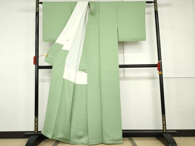 平和屋着物●上質な色無地 舞花地紋 若緑色 正絹 逸品 AABH3651cs