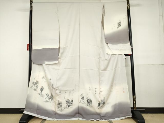 平和屋着物●訪問着 作家物 利休織 手描き 人物文 金通し地 仮絵羽 正絹 逸品 未使用 AABH3670cs