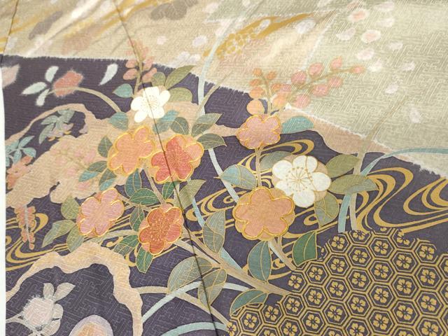 平和屋着物●訪問着 作家物 雪花 辻が花 駒刺繍 流水枝花文 金彩 正絹 逸品 AABH3683cs