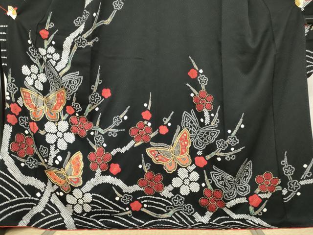 平和屋着物●豪華振袖 駒刺繍 絞り 花蝶文 黒地 銀彩 正絹 逸品 AABH3705cs