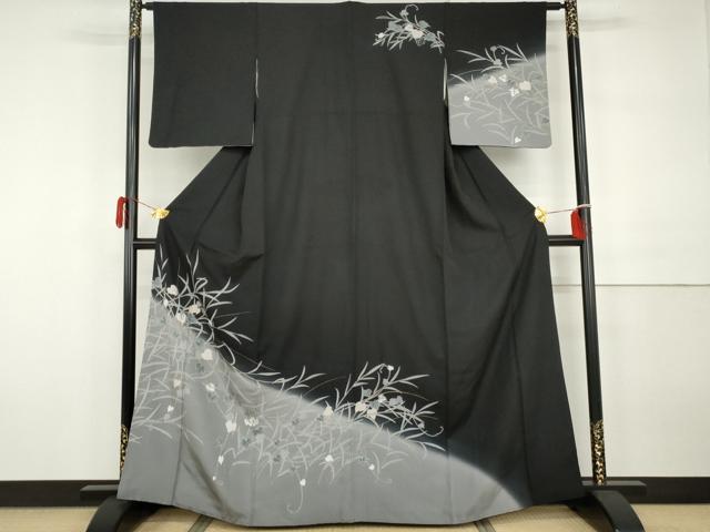 平和屋着物○訪問着 駒刺繍 枝葉文 黒地 金彩 正絹 逸品 AABH3708cs