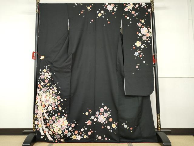 平和屋着物●豪華振袖 蔓帯舞花文 黒地 金彩 正絹 逸品 AABH3727cs