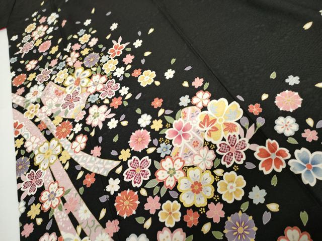 平和屋着物●豪華振袖 蔓帯舞花文 黒地 金彩 正絹 逸品 AABH3727cs