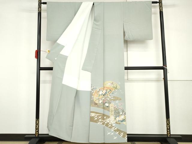 平和屋着物●豪華色留袖 友禅 作家物 駒刺繍 地紙飛鶴花文 鈴乃屋扱い 正絹 逸品 AABH3753cs