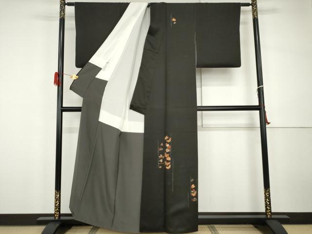 平和屋着物●訪問着 駒刺繍 花蝶文 黒地 金糸 正絹 逸品 AABH3770cs