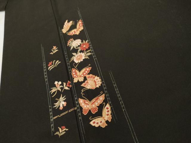 平和屋着物●訪問着 駒刺繍 花蝶文 黒地 金糸 正絹 逸品 AABH3770cs