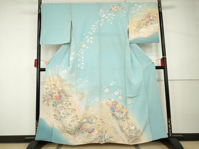平和屋着物●訪問着 絞り 鴛鴦草花文 暈し染め 金彩 正絹 逸品 AABH3800cs