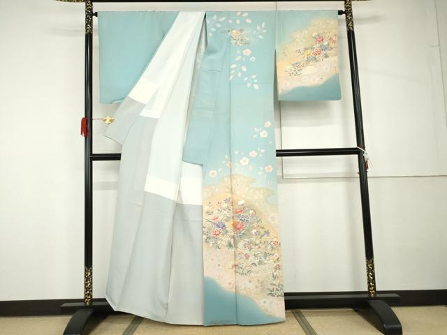 平和屋着物●訪問着 絞り 鴛鴦草花文 暈し染め 金彩 正絹 逸品 AABH3800cs
