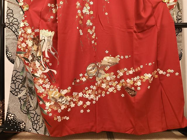 平和屋着物●豪華振袖 駒刺繍 御所車群れ鶴扇面花文 金彩 正絹 逸品 AABH3802ph