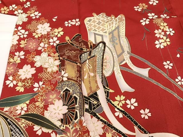 平和屋着物●豪華振袖 駒刺繍 御所車群れ鶴扇面花文 金彩 正絹 逸品 AABH3802ph