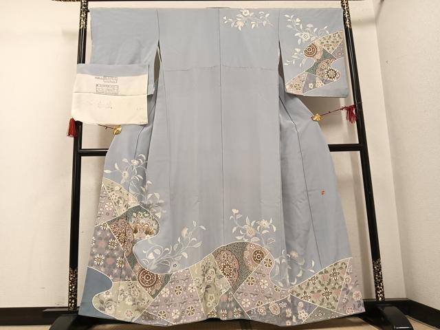平和屋着物●訪問着 友禅 作家物 駒刺繍 更紗鴛鴦花文 金彩 浜ちりめん 反端付き 正絹 逸品 AABH3804ph