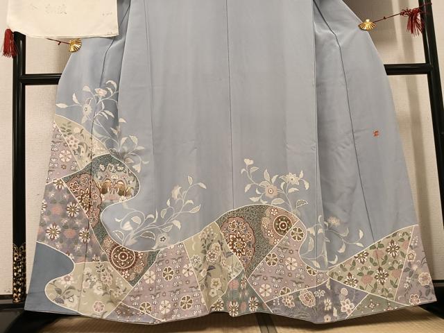 平和屋着物●訪問着 友禅 作家物 駒刺繍 更紗鴛鴦花文 金彩 浜ちりめん 反端付き 正絹 逸品 AABH3804ph