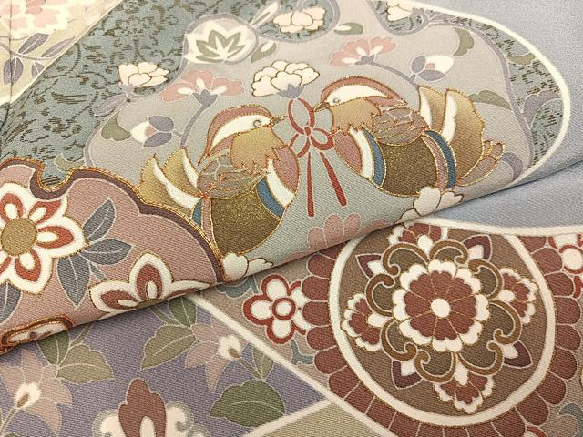 平和屋着物●訪問着 友禅 作家物 駒刺繍 更紗鴛鴦花文 金彩 浜ちりめん 反端付き 正絹 逸品 AABH3804ph