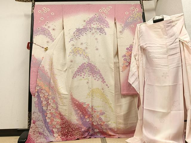 平和屋着物●豪華振袖・長襦袢(袷)セット 辻が花 暈し染め 銀通し地 ロング丈 正絹 逸品 AABH3811ph
