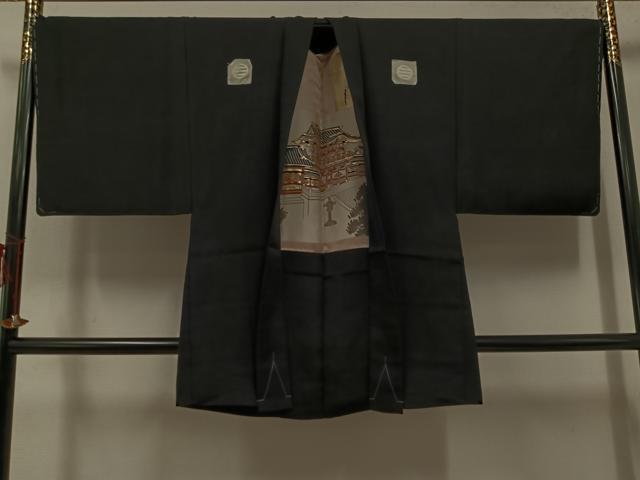 平和屋着物●男性 黒紋付・羽織セット 正絹 逸品 AABH3830ph