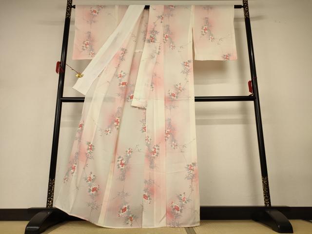 平和屋着物*夏物 小紋 絽 草花文 暈し染め 正絹 逸品 AABH3933jd