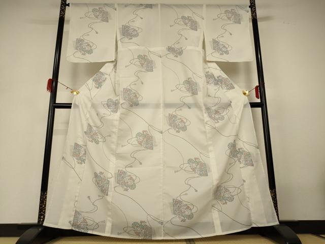 平和屋着物*夏物 小紋 紗 扇面花文 洗える着物 AABH3960jd