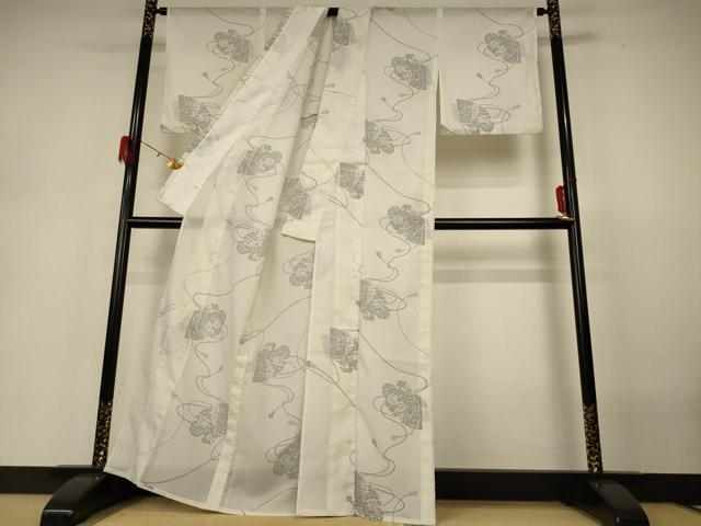平和屋着物*夏物 小紋 紗 扇面花文 洗える着物 AABH3960jd