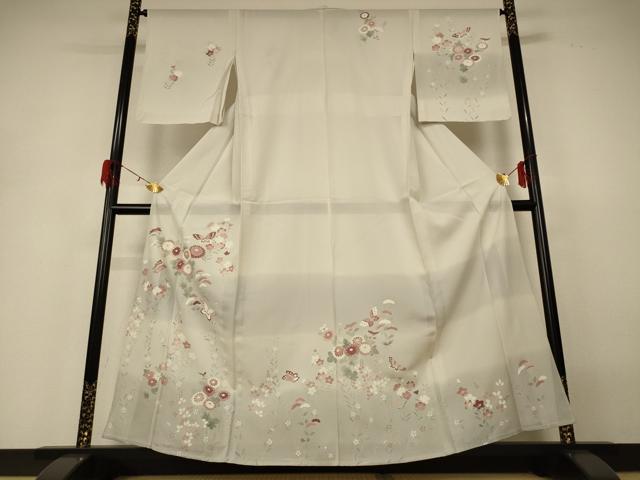 平和屋着物*夏物 訪問着 絽 友禅 花蝶文 銀彩 正絹 逸品 AABH3997jd
