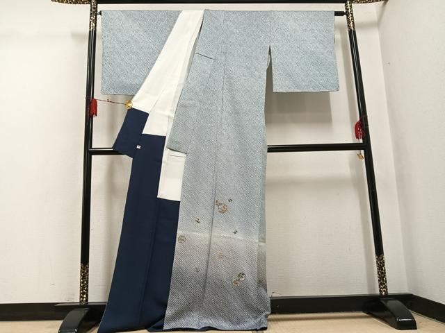 平和屋着物●訪問着 総絞り 刺繍 雪輪草花文 暈し染め 金糸 正絹 逸品 AABH4047ph