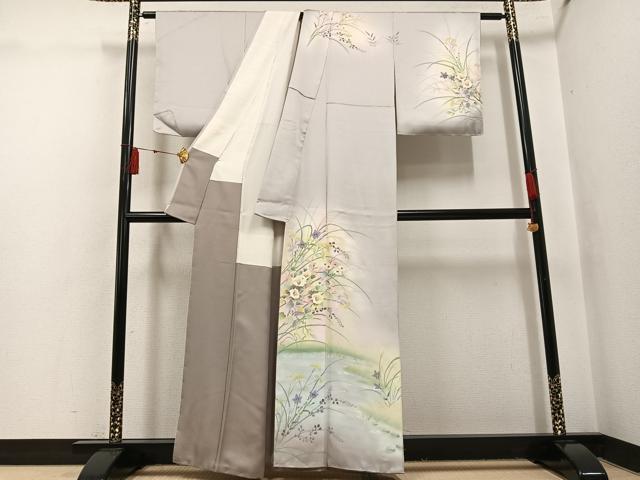 平和屋着物●墨描き友禅 小牧信定 訪問着 草花文 暈し染め 正絹 逸品 未使用 AABH4069ph