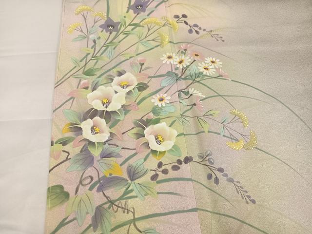 平和屋着物●墨描き友禅 小牧信定 訪問着 草花文 暈し染め 正絹 逸品 未使用 AABH4069ph