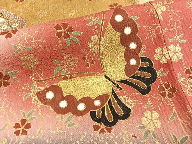 平和屋着物●豪華振袖 駒刺繍 ふくれ織 花蝶文 暈し染め 金銀彩 正絹 逸品 AABH4072ph