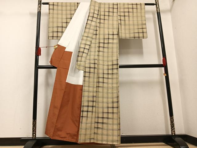 平和屋着物●上質な紬 格子 正絹 逸品 AABH4094ph