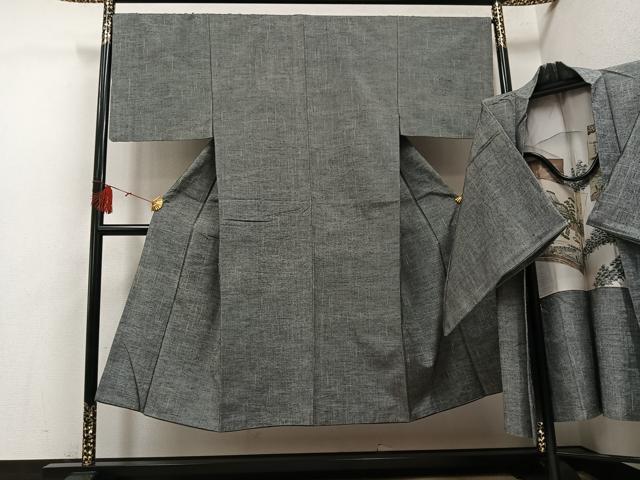 平和屋着物●男性 紬 アンサンブル 色無地 灰色 正絹 逸品 AABH4109ph