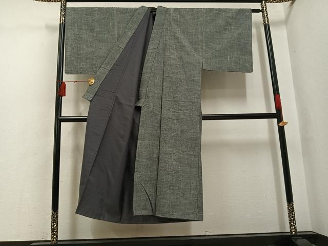 平和屋着物●男性 紬 アンサンブル 色無地 灰色 正絹 逸品 AABH4109ph