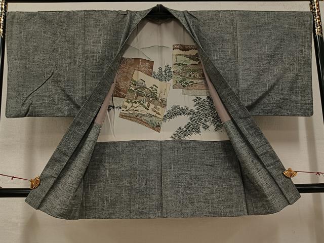 平和屋着物●男性 紬 アンサンブル 色無地 灰色 正絹 逸品 AABH4109ph