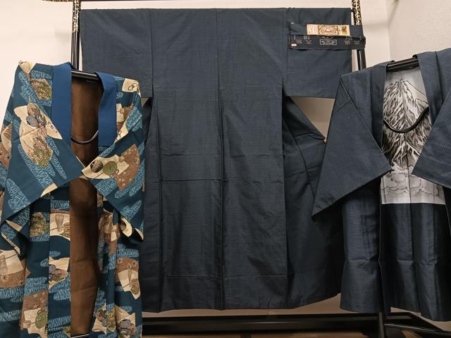 平和屋着物●男性 本場大島紬 アンサンブル 長襦袢(無双仕立て)セット 上村商店 証紙付き 正絹 逸品 AABH4119ph