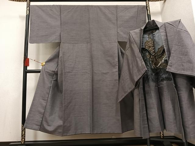 平和屋着物●男性 紬 アンサンブル 色無地 江戸鼠色 正絹 逸品 AABH4120ph
