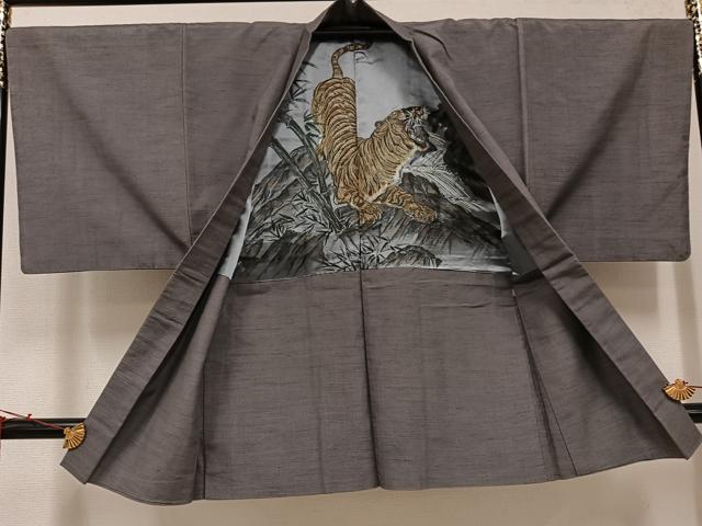 平和屋着物●男性 紬 アンサンブル 色無地 江戸鼠色 正絹 逸品 AABH4120ph