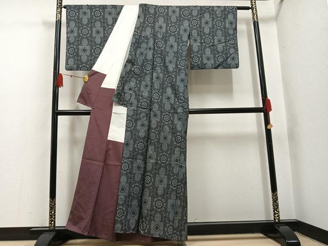 平和屋着物●本場大島紬 割込み絣 花尽くし 正絹 逸品 AABH4123ph