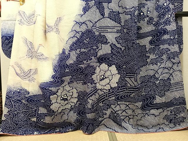 平和屋着物●豪華振袖 絞り 群れ鶴草花文 正絹 逸品 AABH4161ph