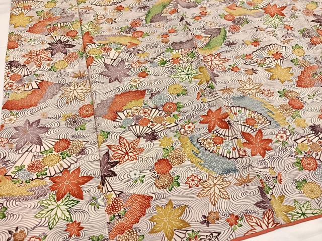 平和屋着物●上質な小紋 型染め 扇面草花文 正絹 逸品 AABH4163ph