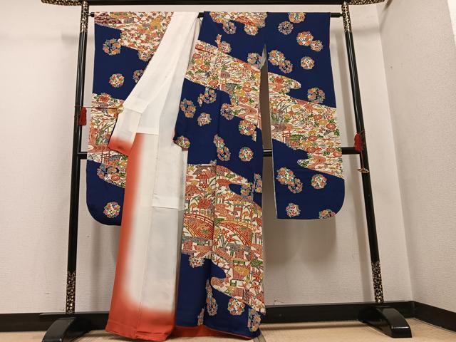 平和屋着物●豪華振袖 型染め 風景草花文 鬼しぼ縮緬 正絹 逸品 AABH4192ph