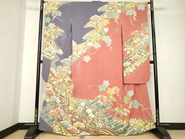 平和屋着物●豪華振袖 作家物 春峰 駒刺繍 松竹梅流水吉祥花文 金彩 正絹 逸品 AABH4222ck
