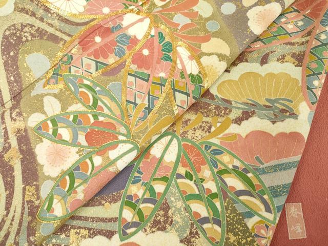平和屋着物●豪華振袖 作家物 春峰 駒刺繍 松竹梅流水吉祥花文 金彩 正絹 逸品 AABH4222ck