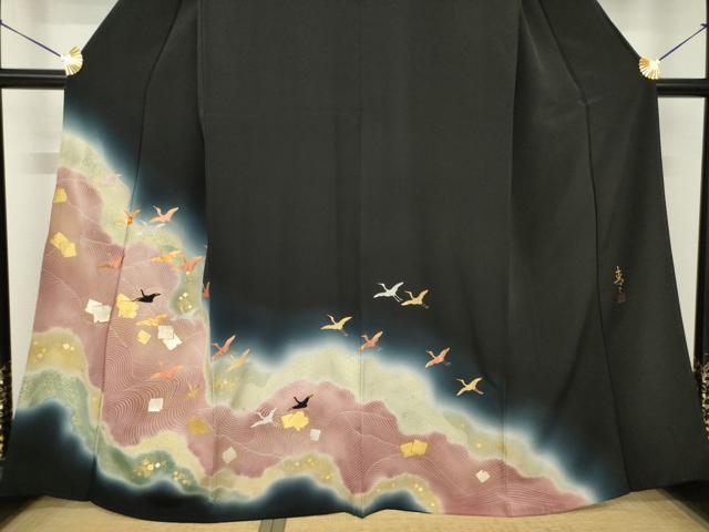 平和屋着物●京友禅の第一人者 松井青々 黒留袖 駒刺繍 箔散らし文様 金彩 正絹 逸品 AABH4248ck