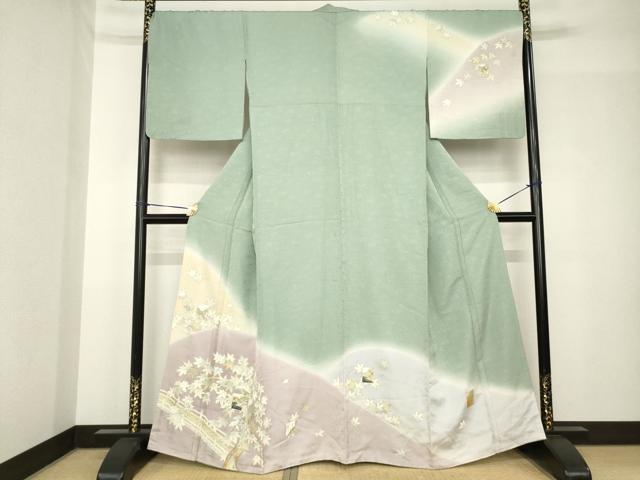 平和屋着物●訪問着 駒刺繍 遠山渡り橋風景文 暈し染め 金彩 正絹 逸品 AABH4268ck