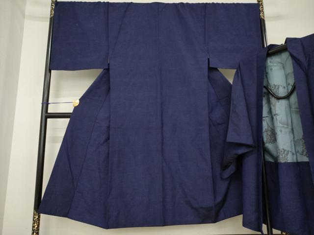 平和屋着物●男性 紬 アンサンブル 色無地 青褐色 正絹 逸品 AABH4269ck