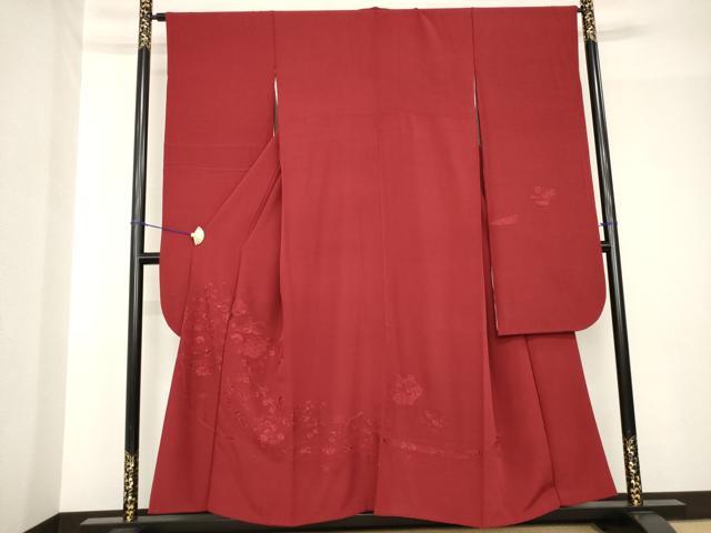 平和屋着物●豪華振袖 中国三大刺繍 汕頭刺繍 スワトウ刺繍 色無地 雪輪花鳥文 葡萄色 正絹 逸品 AABH4273ck