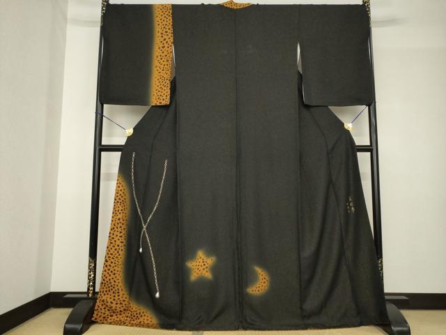 平和屋着物●訪問着 美彩夢 ヒョウ柄 黒地 金彩 金通し地 ロング丈 正絹 逸品 AABH4275ck
